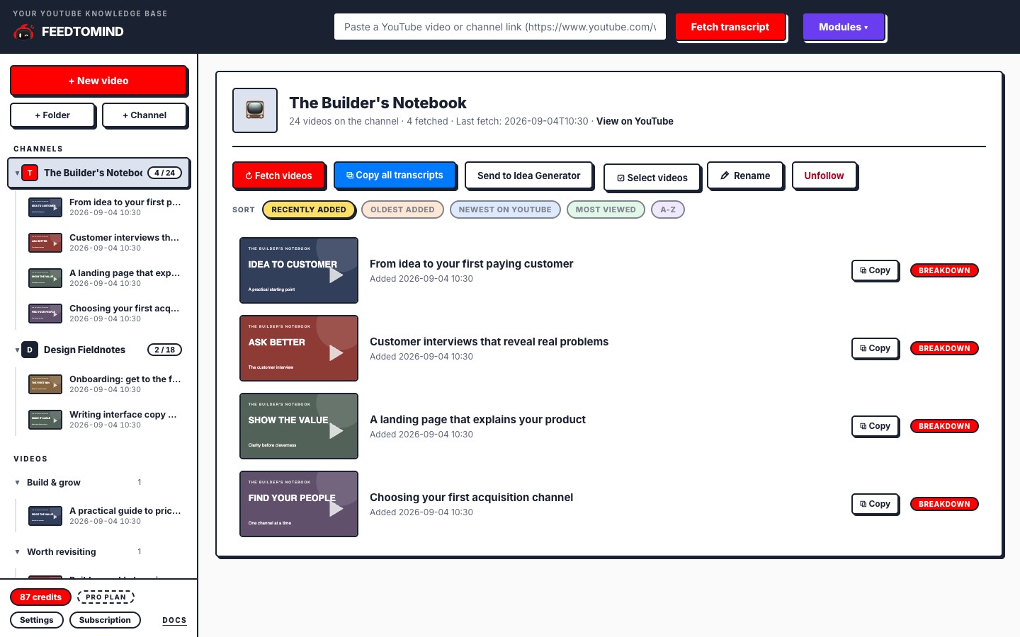 FeedToMind's current library, followed channels and imported videos. Illustrative demo data.